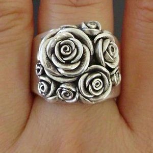 Vintage 925 Silver Plated 3D Carved Rose, Flower, Floral Wide Band Boho Ring